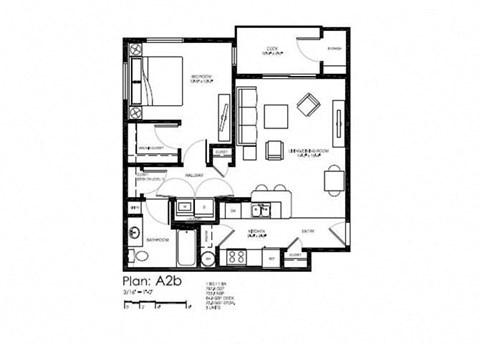 Floor plan for 1 bed, 1 bath, 798 sqft